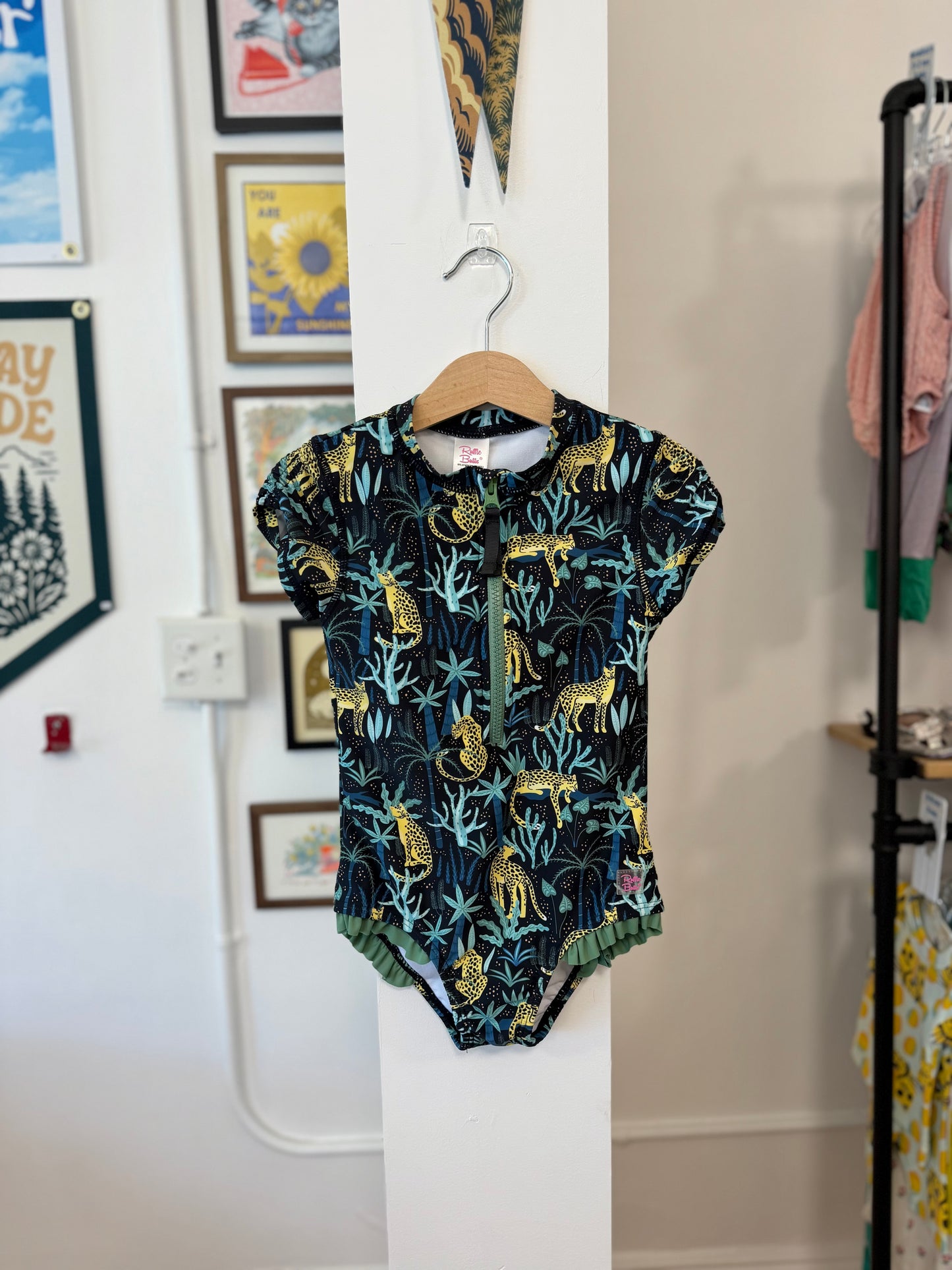 5/5T, Ruffle Butts, Black, Cheetah jungle cap sleeve one-piece swimsuit