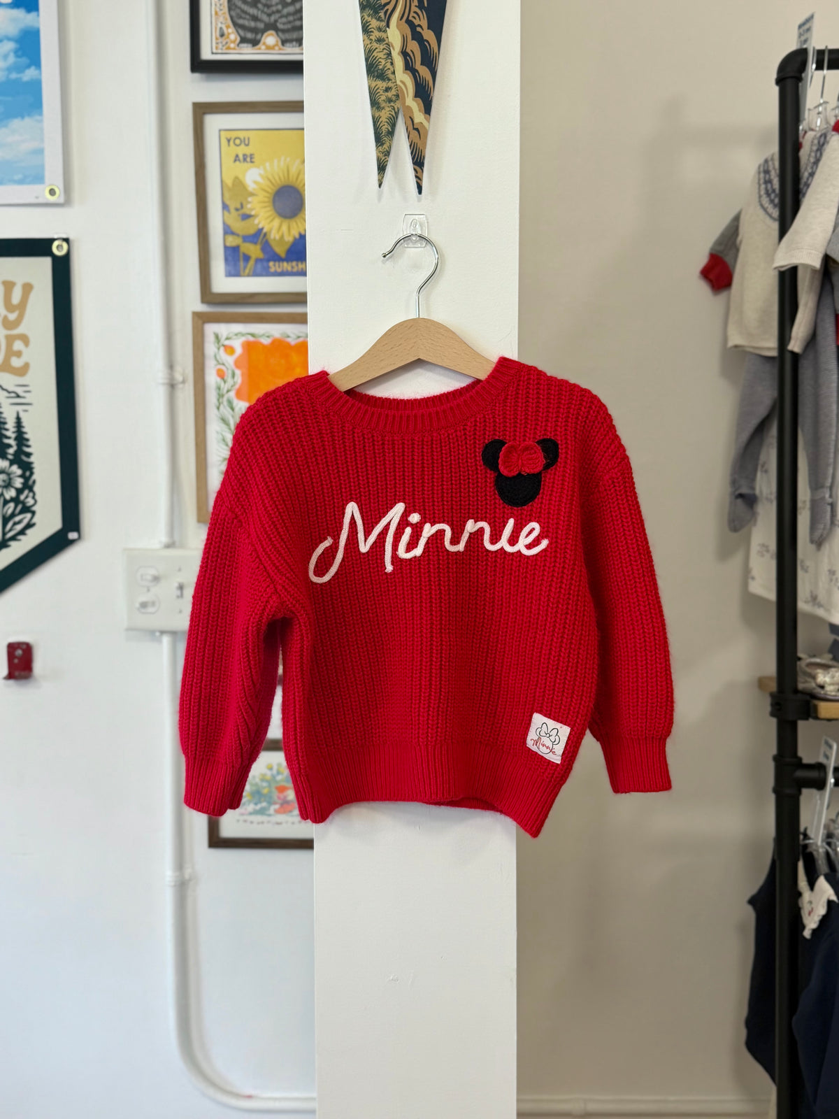 4/4T, Disney, Red, Minnie embroidered cozy knit sweater, appliqué