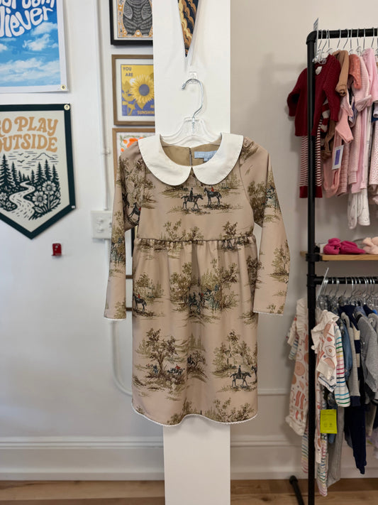 7-8, Hill House, Brown, Lottie Long-Sleeve Equestrian Toile Horse dress, white Peter Pan collar