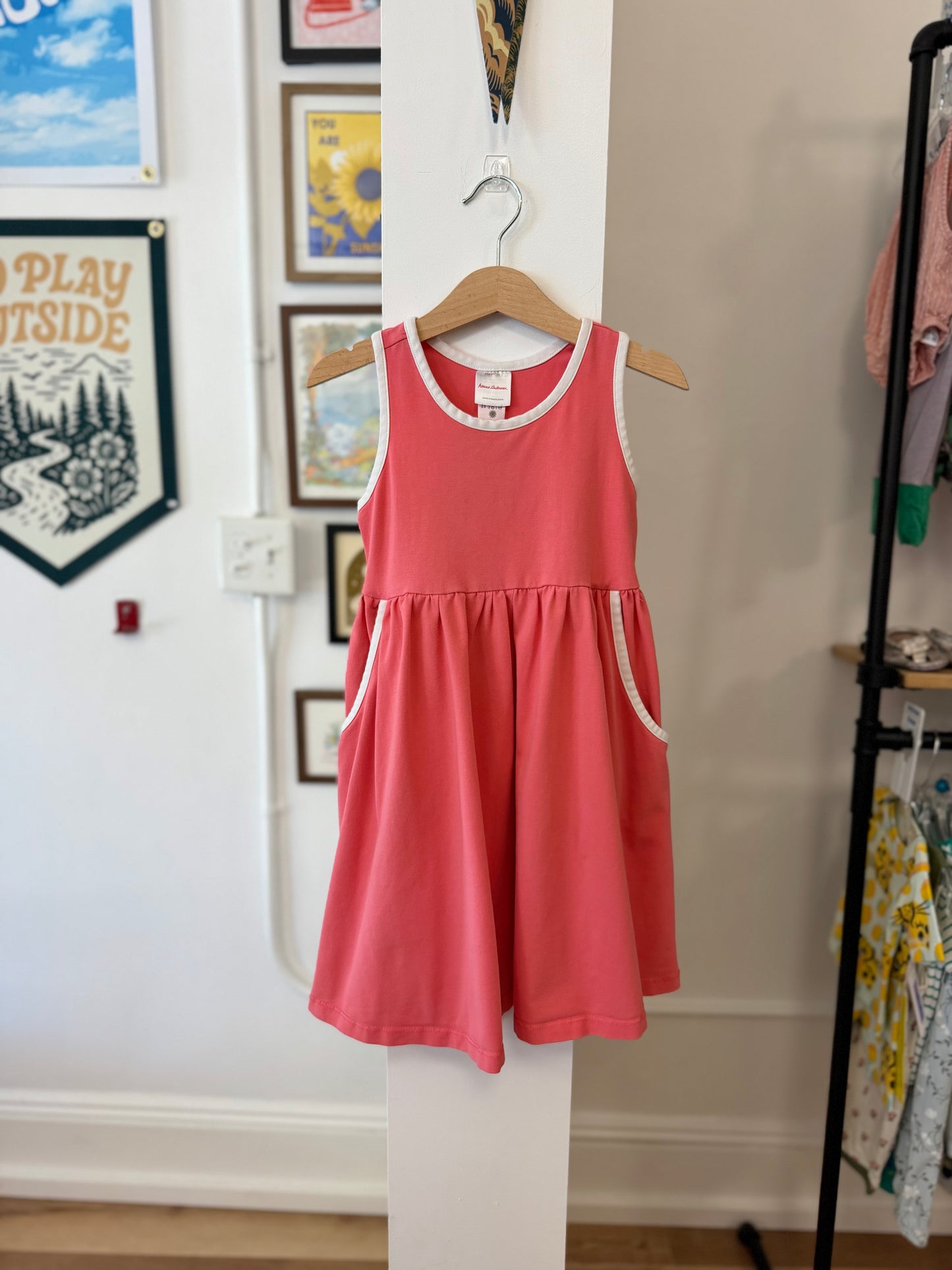 5/5T, Hanna Andersson, Pink, Racerback dress with pockets, white trim