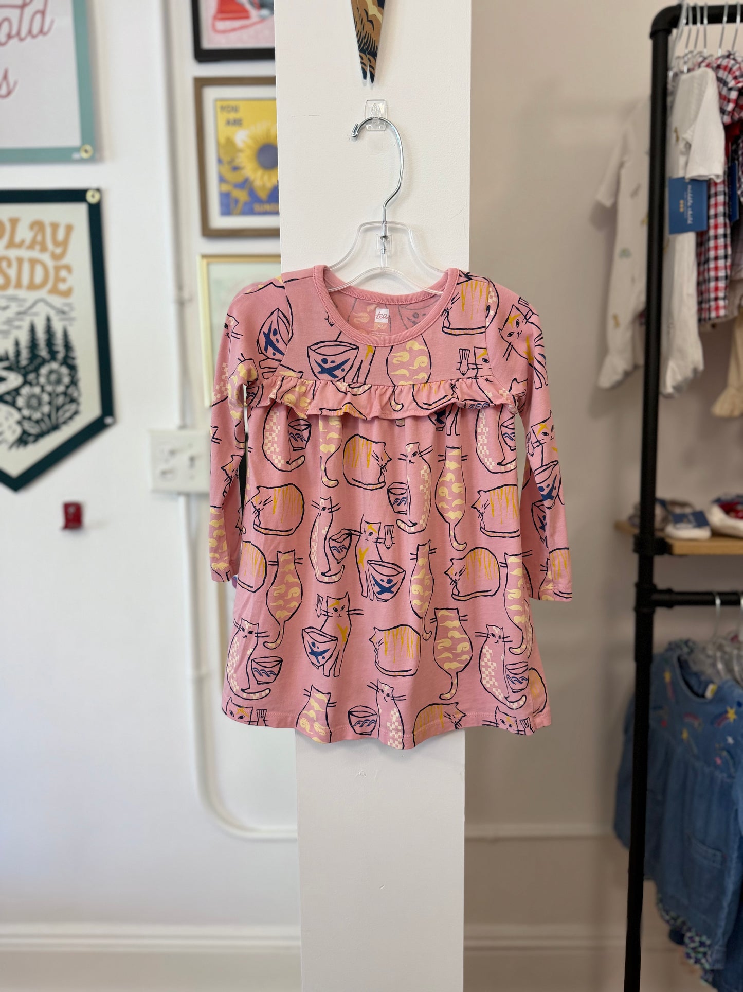 2/2T, Tea Collection, Pink, Long-sleeve cat print dress with ruffle at chest