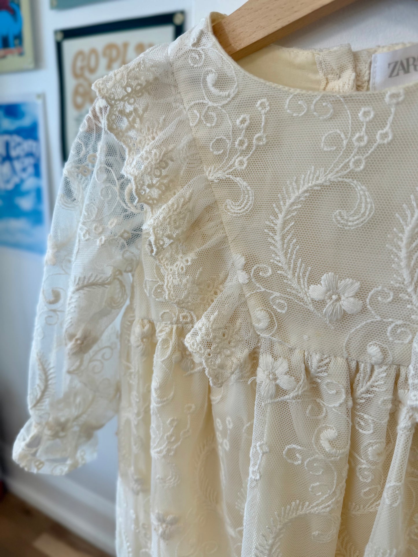 18-24 mo, Zara, Cream, Floral lace sheer long-sleeves dress