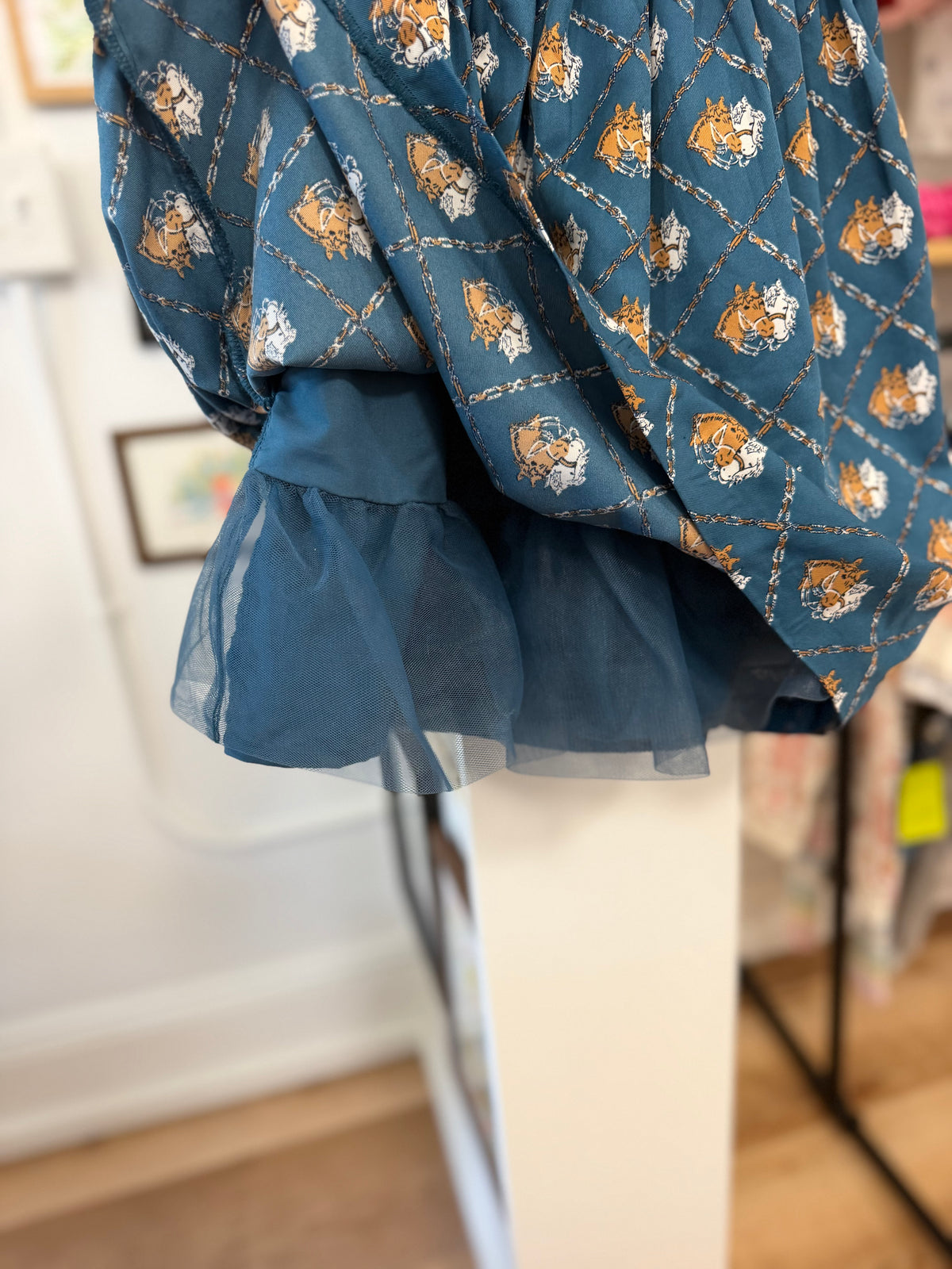 4/4T, Janie and Jack, Blue, Flutter sleeve horses & chain print equestrian dress, faux suede and gold bit waist