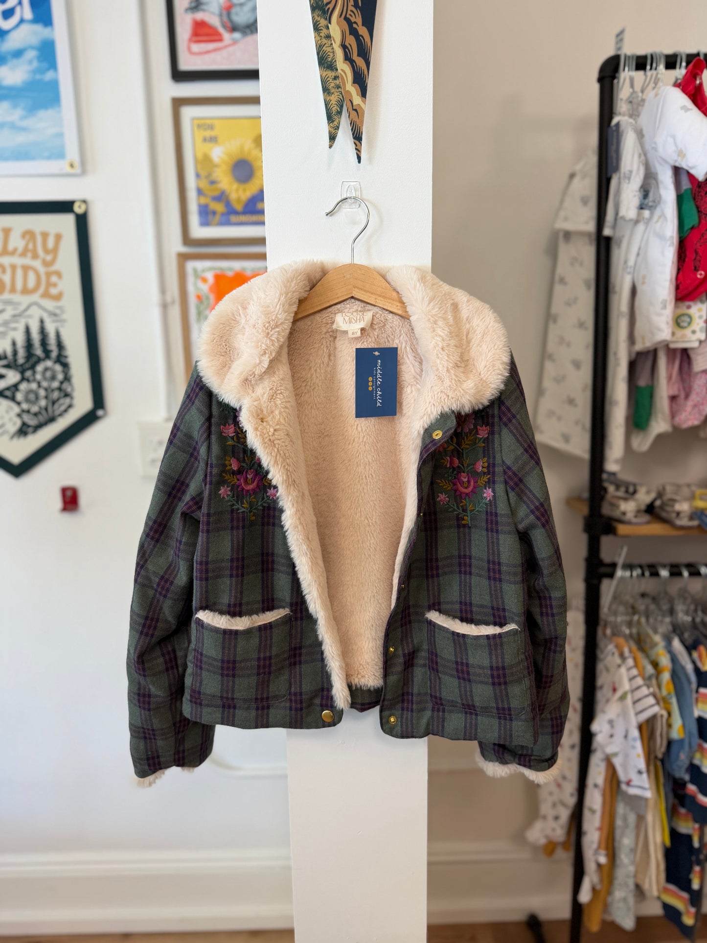 8, Louise Misha, Green, Plaid floral embroidered faux fur lined snap up jacket