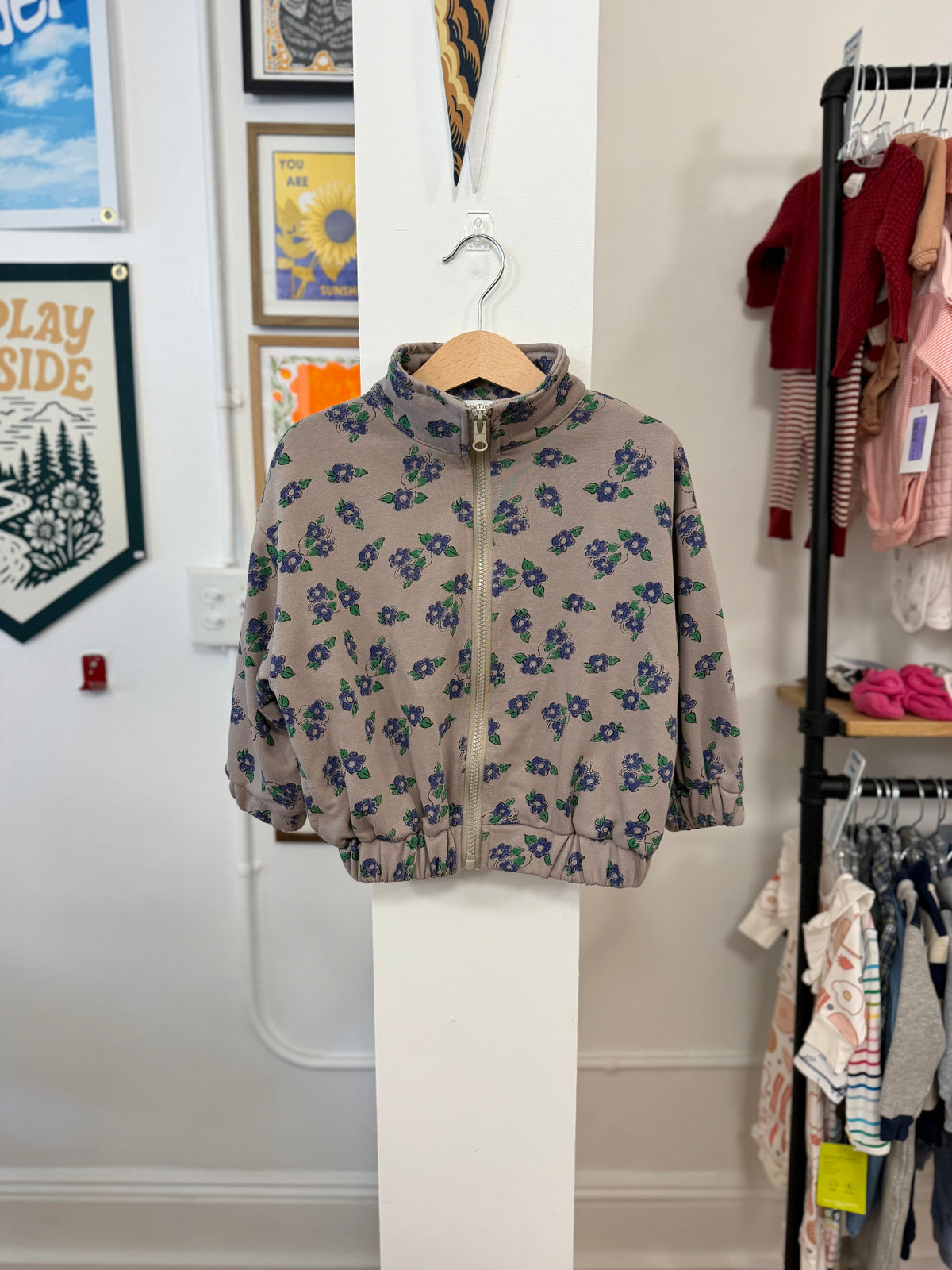 2/2T, Throwing Tiny Fits, Purple, Blue floral zip-up jacket, elastic waistband