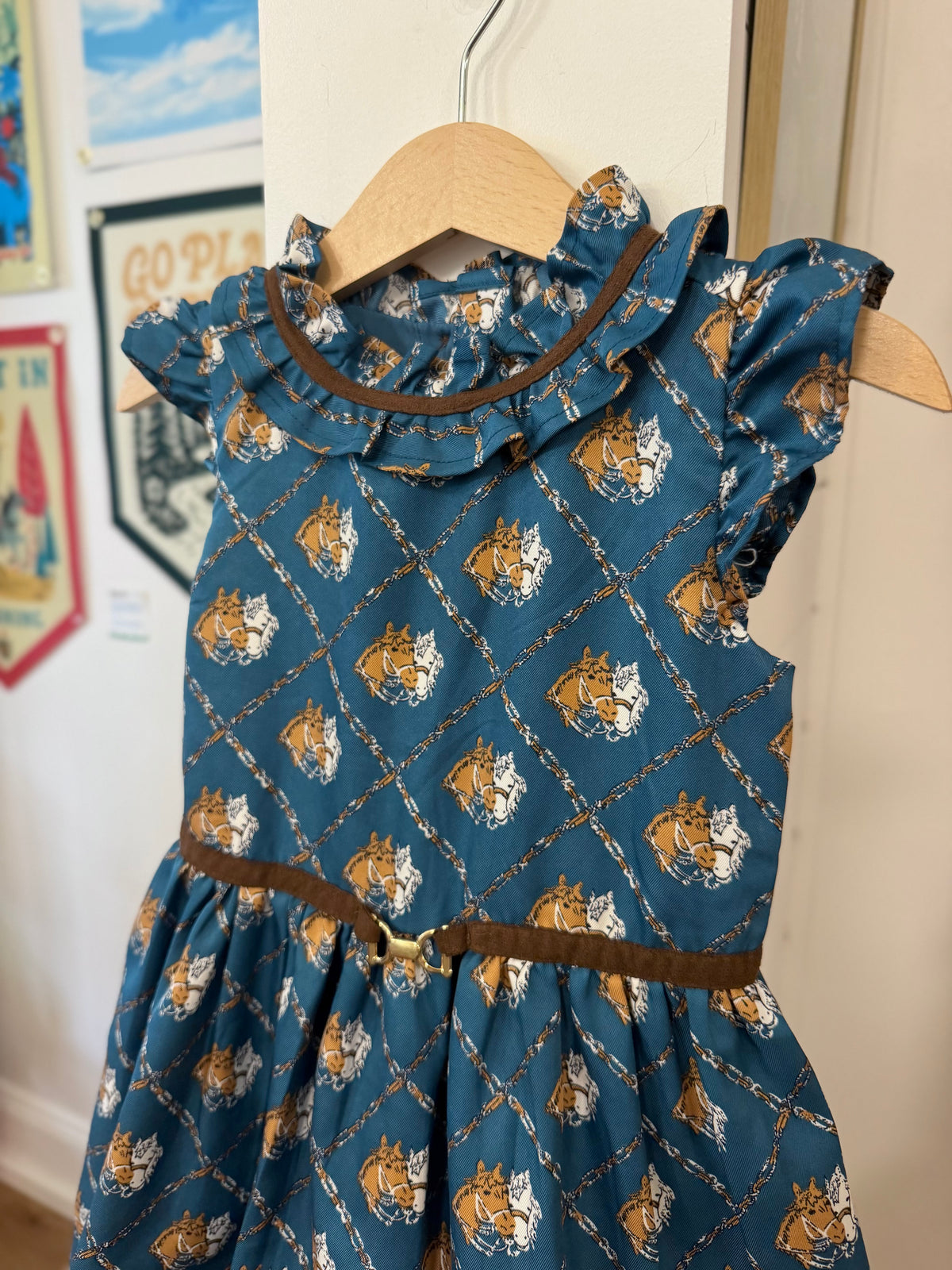 4/4T, Janie and Jack, Blue, Flutter sleeve horses & chain print equestrian dress, faux suede and gold bit waist