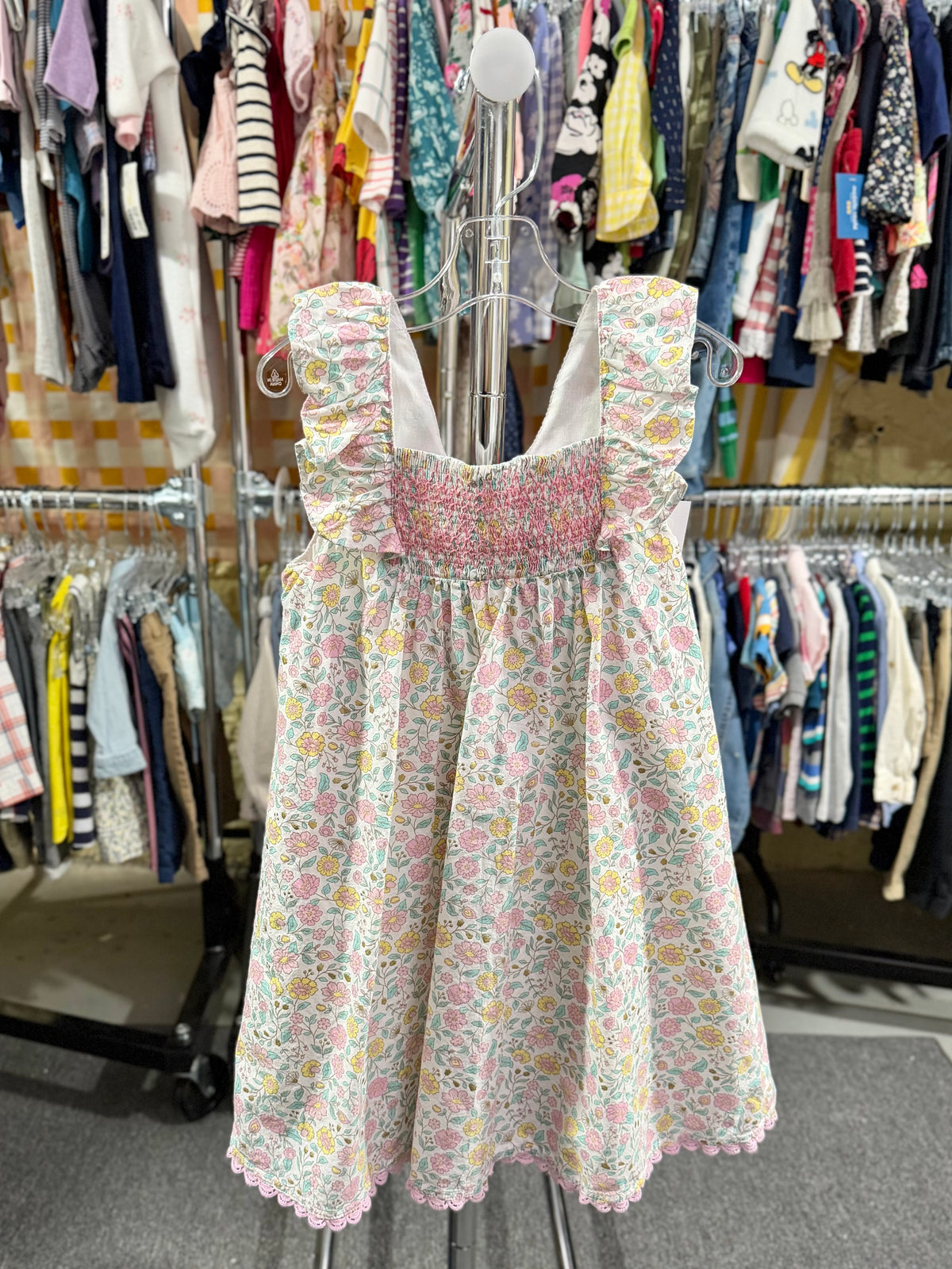 7, Cupcakes and Cashmere, White, Pink/yellow pastel floral maxi dress, metallic gold, smocked chest, flutter straps
