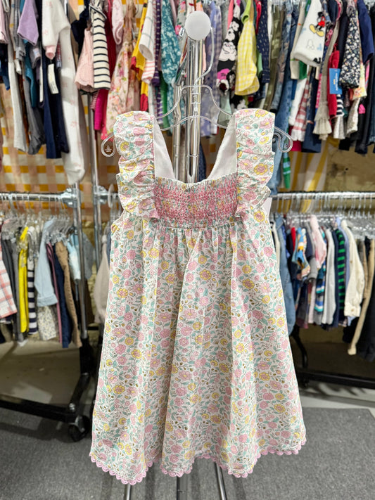 7, Cupcakes and Cashmere, White, Pink/yellow pastel floral maxi dress, metallic gold, smocked chest, flutter straps