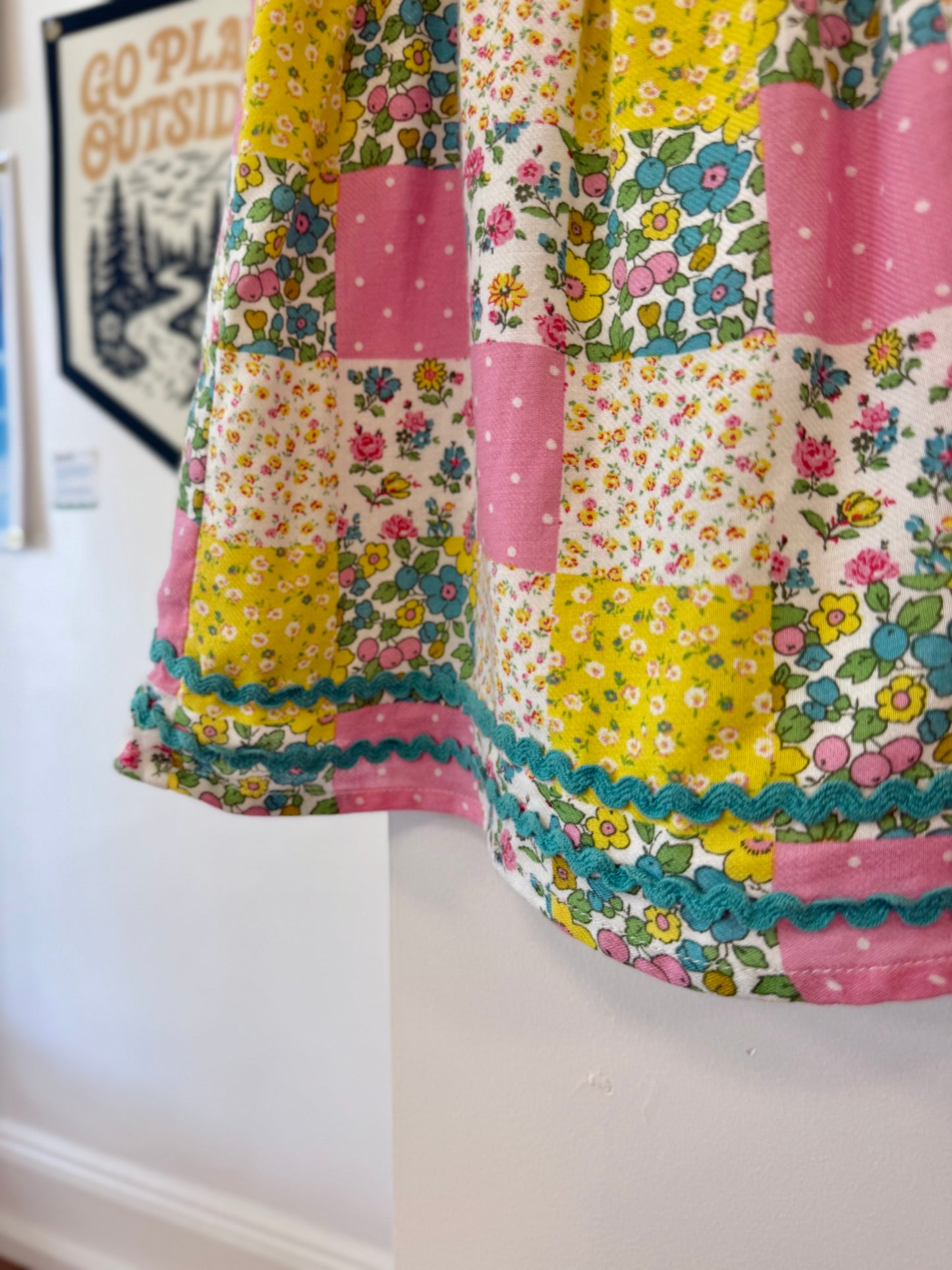 9-12 mo, Boden, White, Pink/blue/green floral patchwork pinafore dress / jumper + long-sleeve ruffle neck shirt SET