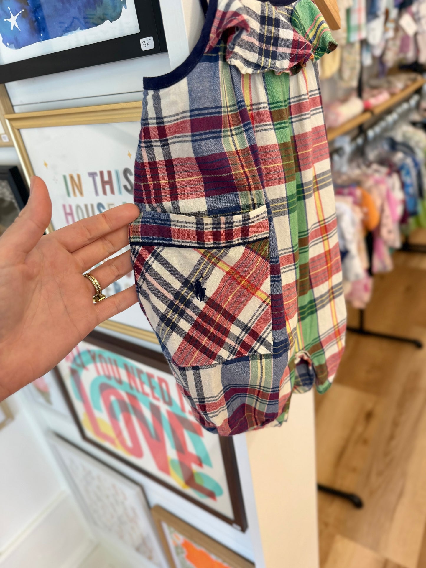 3 mo, Ralph Lauren, White, Spaghetti cross-strap plaid romper, pockets