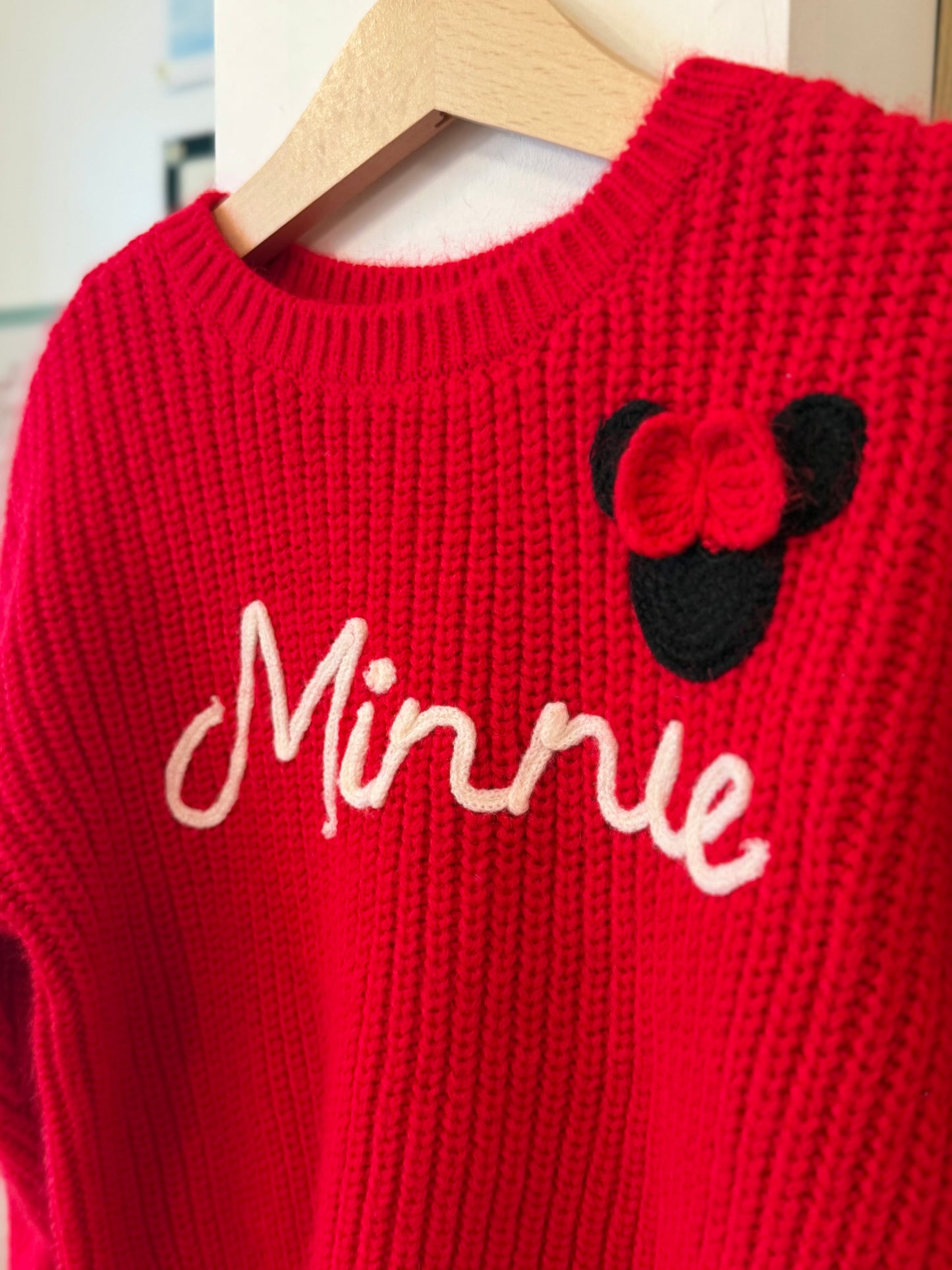 4/4T, Disney, Red, Minnie embroidered cozy knit sweater, appliqué