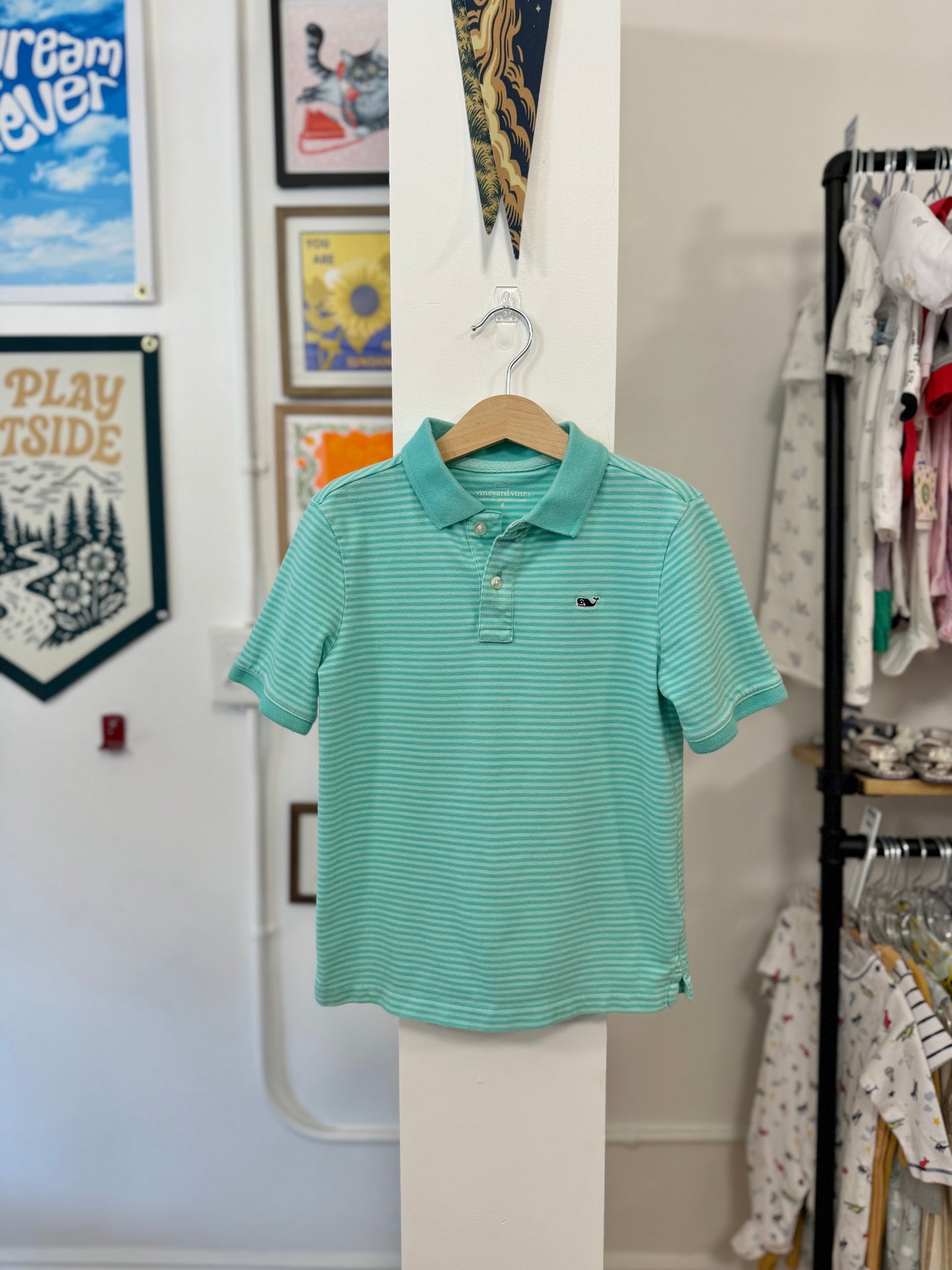 6, Vineyard Vines, Green, Two-toned striped polo shirt