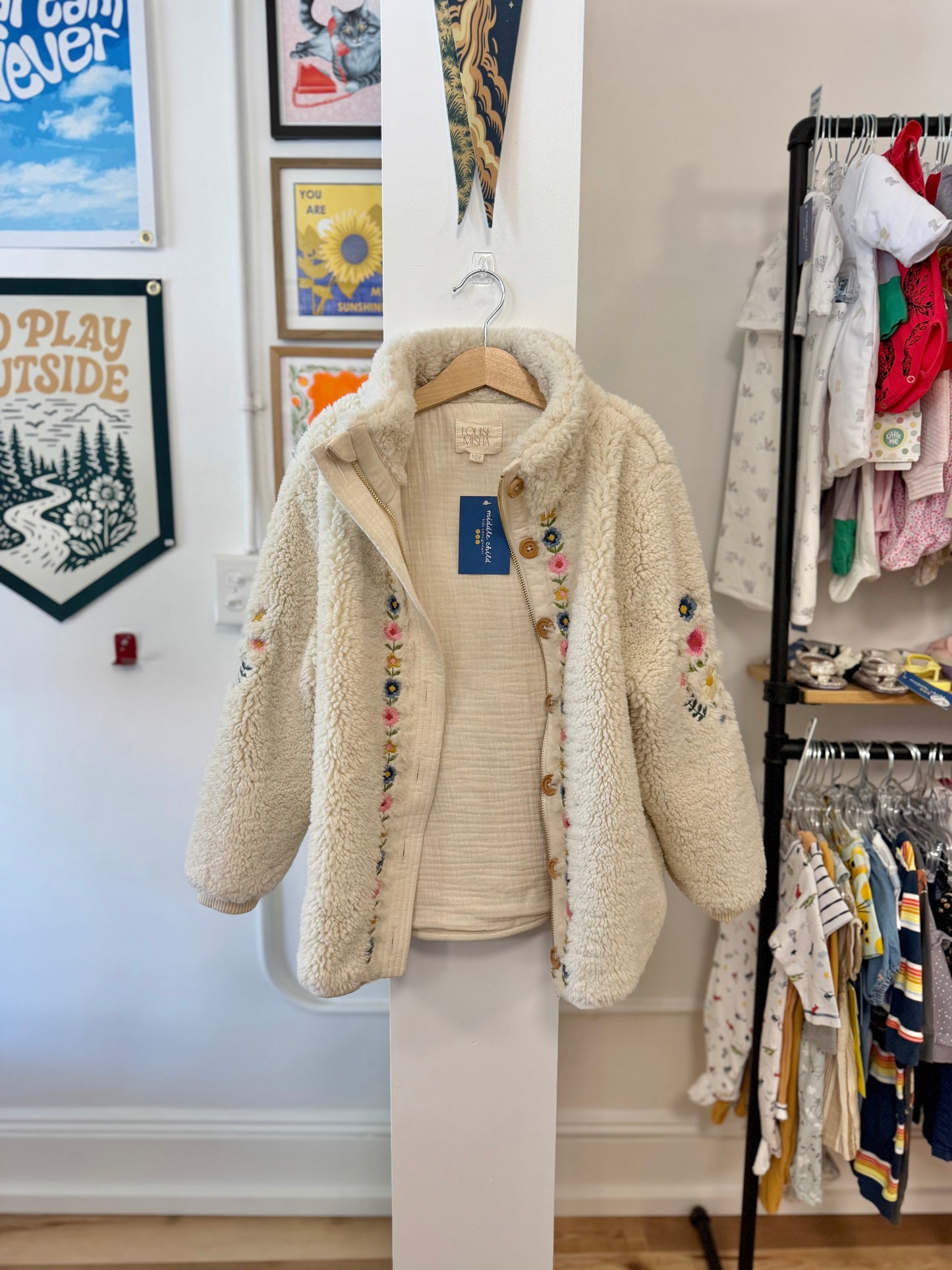 10, Louise Misha, Cream, Sherpa zip-up coat, blue/pink/yellow embroidered flowers