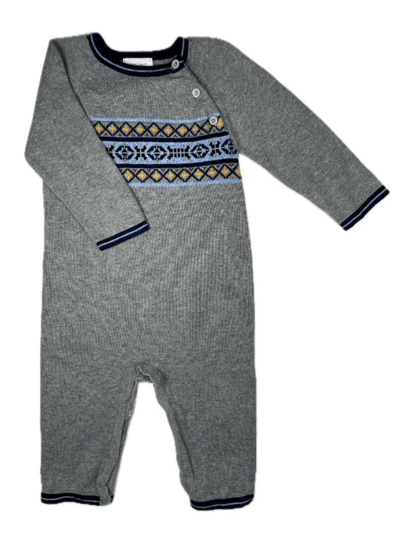 6-12 mo, Angel Dear, Grey, Knit long-sleeve coverall, navy/yellow/blue pattern across chest, blue trim