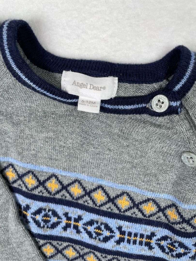 6-12 mo, Angel Dear, Grey, Knit long-sleeve coverall, navy/yellow/blue pattern across chest, blue trim