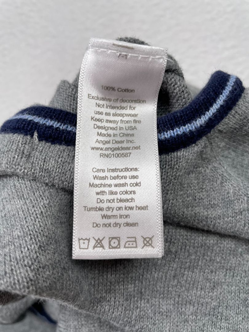 6-12 mo, Angel Dear, Grey, Knit long-sleeve coverall, navy/yellow/blue pattern across chest, blue trim