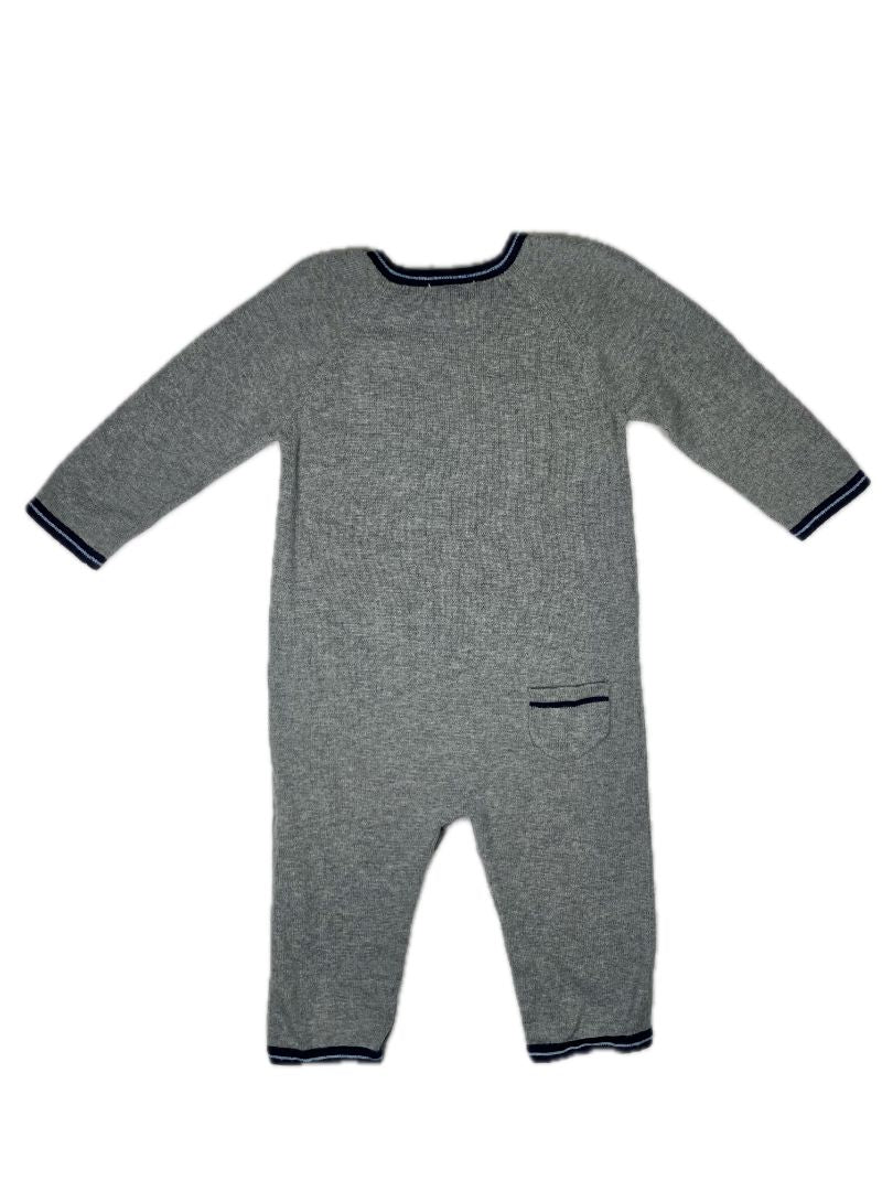 6-12 mo, Angel Dear, Grey, Knit long-sleeve coverall, navy/yellow/blue pattern across chest, blue trim