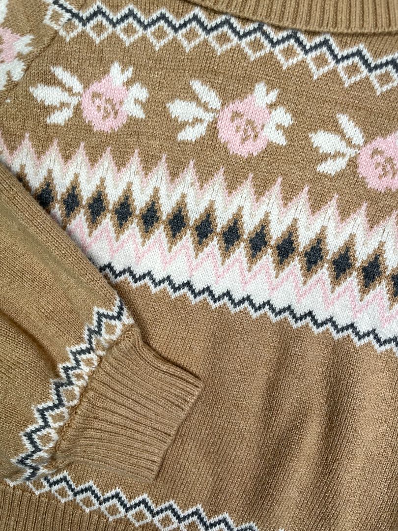 4/4T, Zara, Brown, Floral Fair Isle sweater, bishop sleeves, turtleneck / fold-over collar