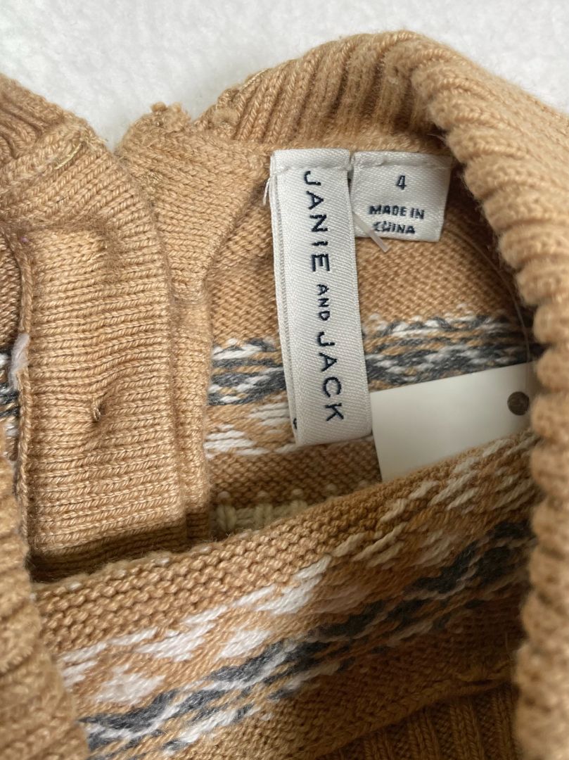 4/4T, Zara, Brown, Floral Fair Isle sweater, bishop sleeves, turtleneck / fold-over collar