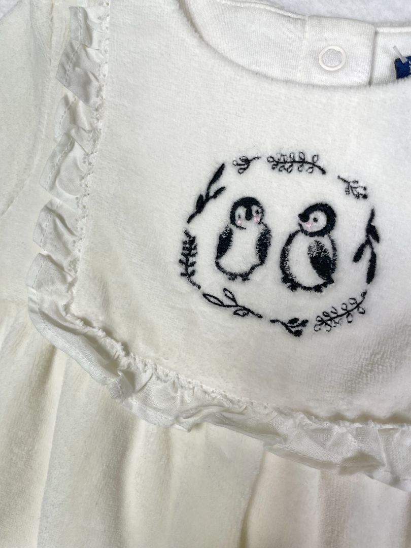 6-12 mo, Janie and Jack, Cream, Velour coverall romper, embroidered penguins, snap legs