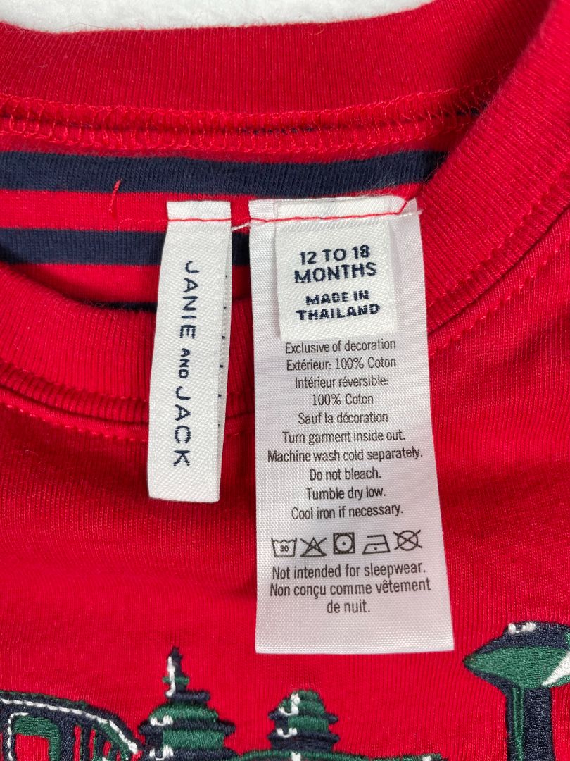 12-18 mo, Janie and Jack, Red, Embroidered train double-layer cotton long-sleeve shirt
