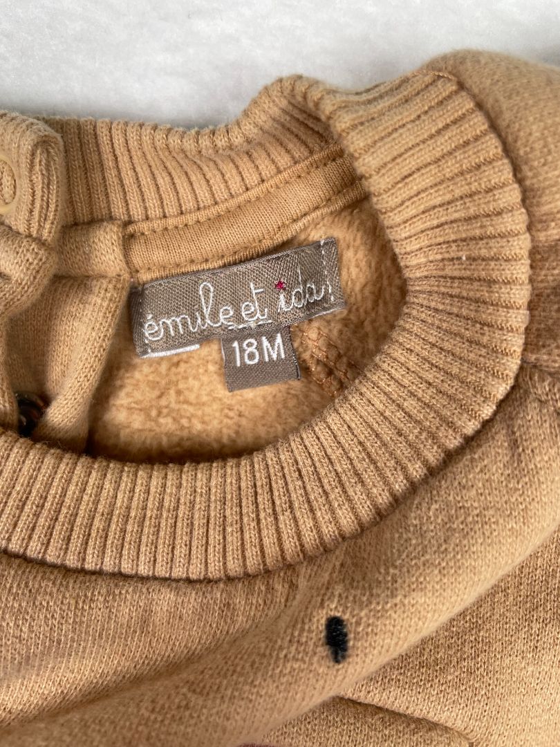18 mo, Émile et Ida, Brown, Monkey sweatshirt w/ 3D ears and stick-out tongue pocket
