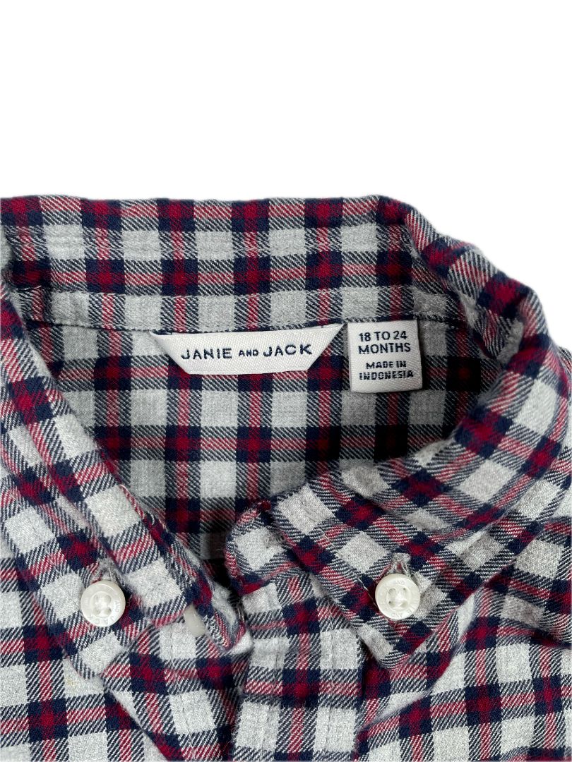 18-24 mo Janie and Jack, Grey, Plaid flannel button-up shirt, navy/red square