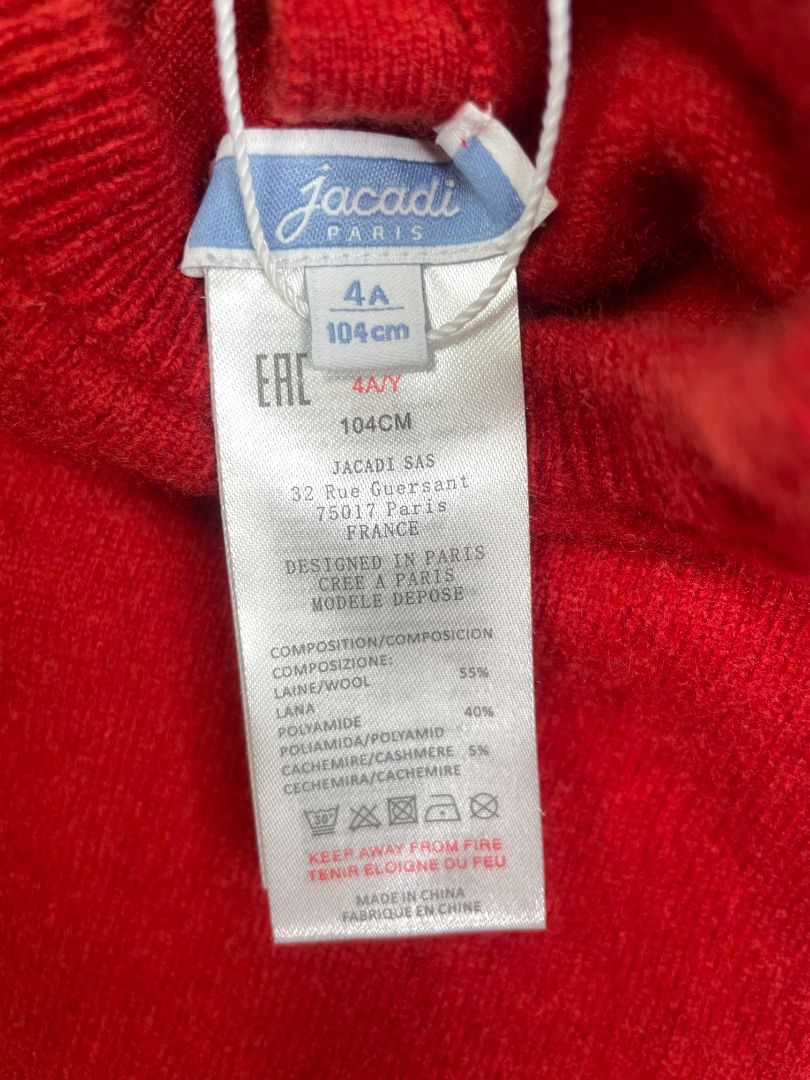 4/4T, Jacadi, Red, Wool & cashmere mix sweater, ruffles at shoulders