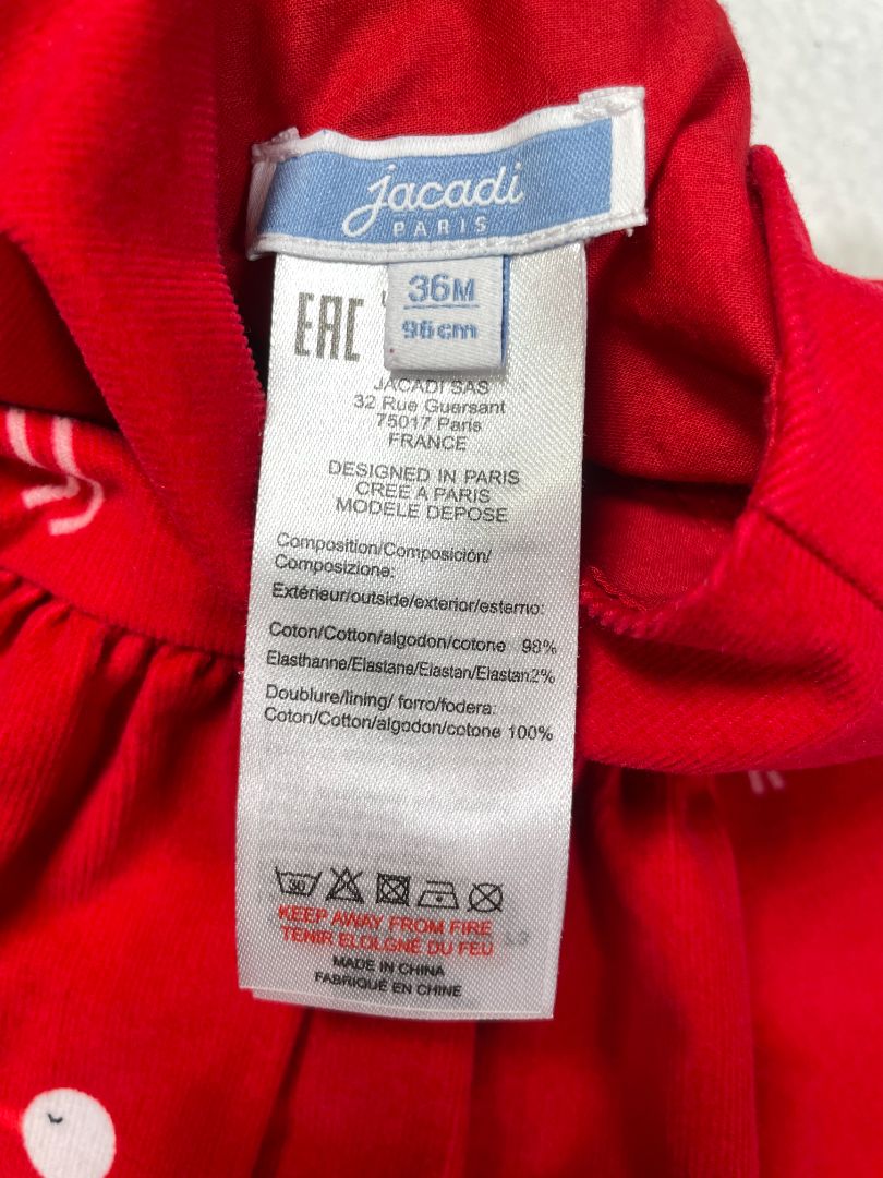 3/3T, Jacadi, Red, Corduroy long-sleeve bird dress