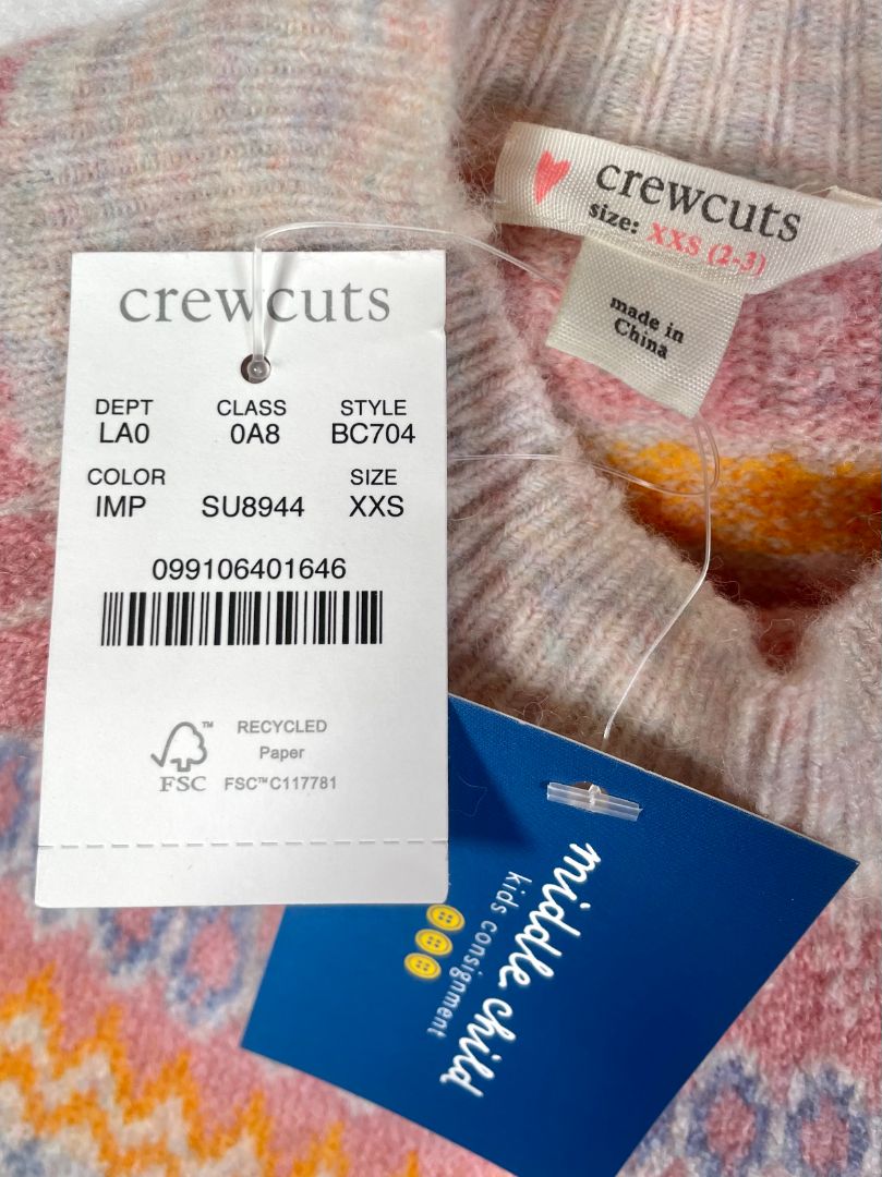 2-3, J.Crew Crewcuts, Cream, NEW w/ tags - Super soft wool/alpaca mix mock neck fair isle sweater, pink/yellow/blue