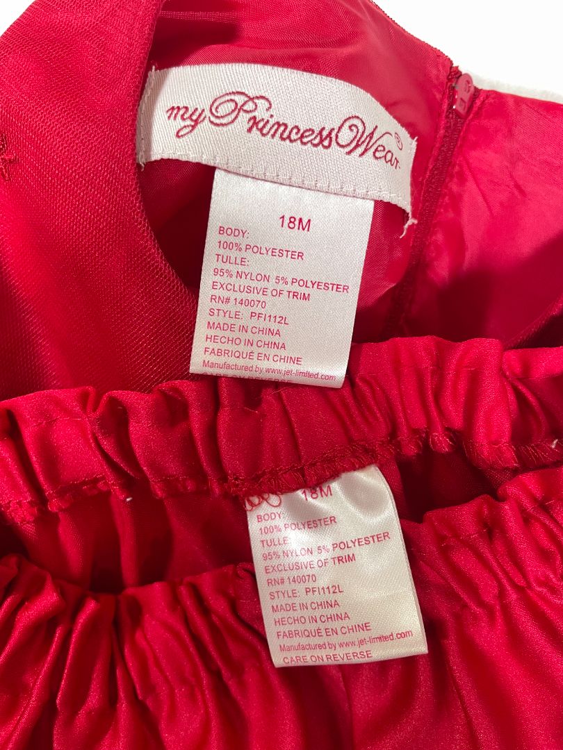 18 mo, My Princess Wear, Red, Sleeveless special occasion dress, waist bow, embroidered overlay + bloomers SET