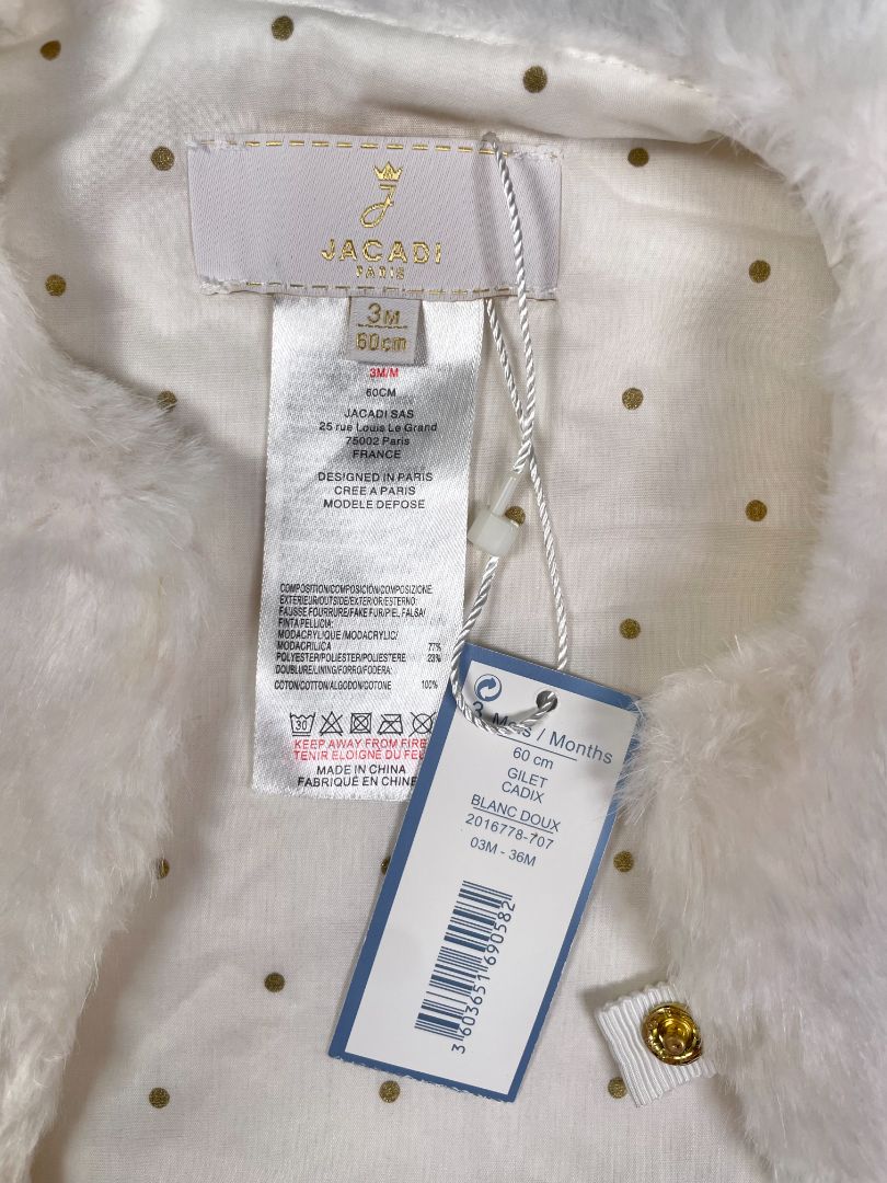 3 mo, Jacadi, White, NEW w/ tags - Faux fur jacket, single snap closure