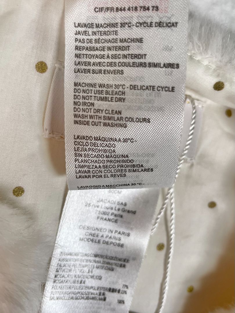 3 mo, Jacadi, White, NEW w/ tags - Faux fur jacket, single snap closure