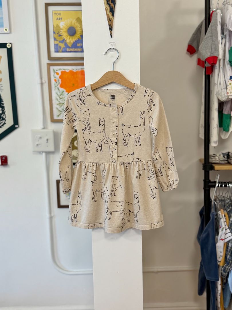 3/3T, Tea Collection, Cream, Long-sleeve llama dress, buttons at chest