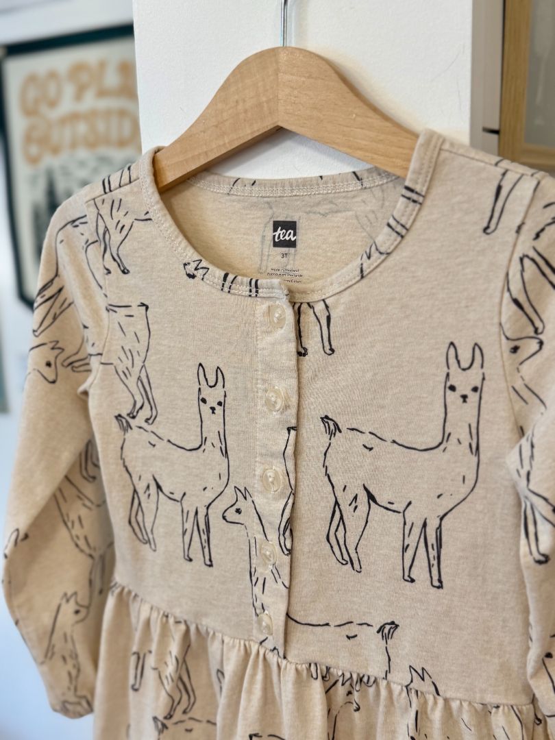 3/3T, Tea Collection, Cream, Long-sleeve llama dress, buttons at chest