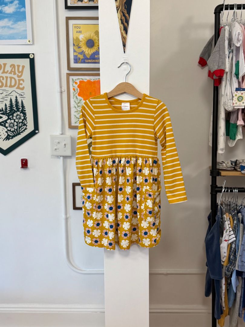 5/5T, Hanna Andersson, Yellow, Long-sleeve striped top & floral skirt playground dress w/ pockets