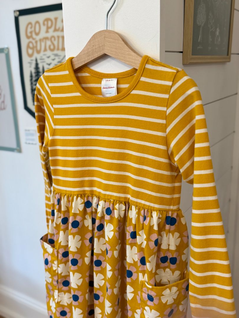 5/5T, Hanna Andersson, Yellow, Long-sleeve striped top & floral skirt playground dress w/ pockets