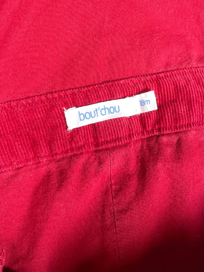 18 mo, Bout'Chou, Red, Corduroy ruffled shortalls/romper, adjustable straps, snap legs