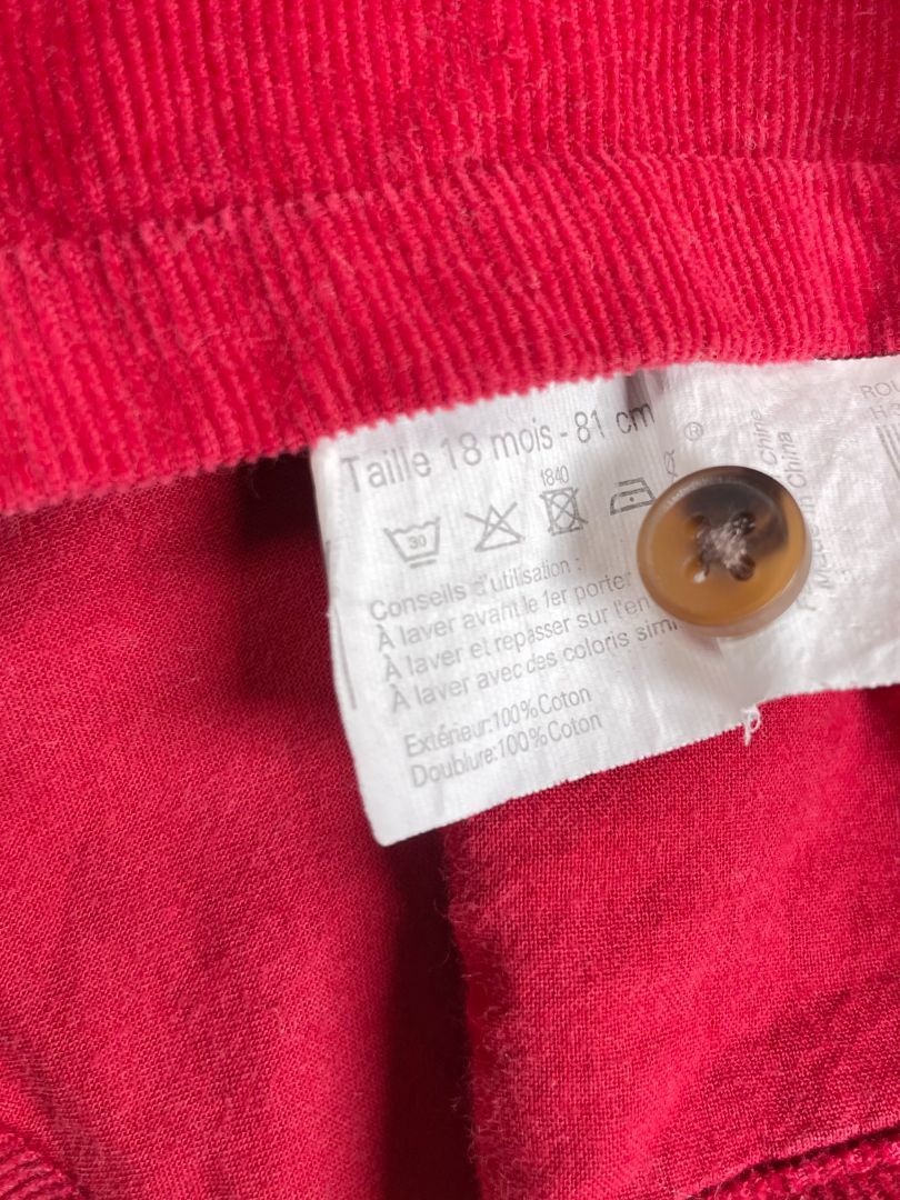 18 mo, Bout'Chou, Red, Corduroy ruffled shortalls/romper, adjustable straps, snap legs