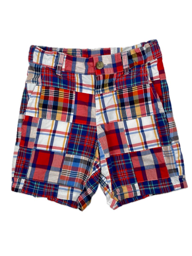 5/5T, Janie and Jack, Red, Patchwork madras shorts, adjustable, navy/yellow/white