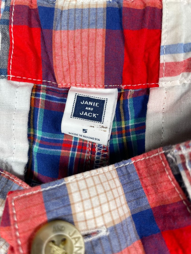 5/5T, Janie and Jack, Red, Patchwork madras shorts, adjustable, navy/yellow/white