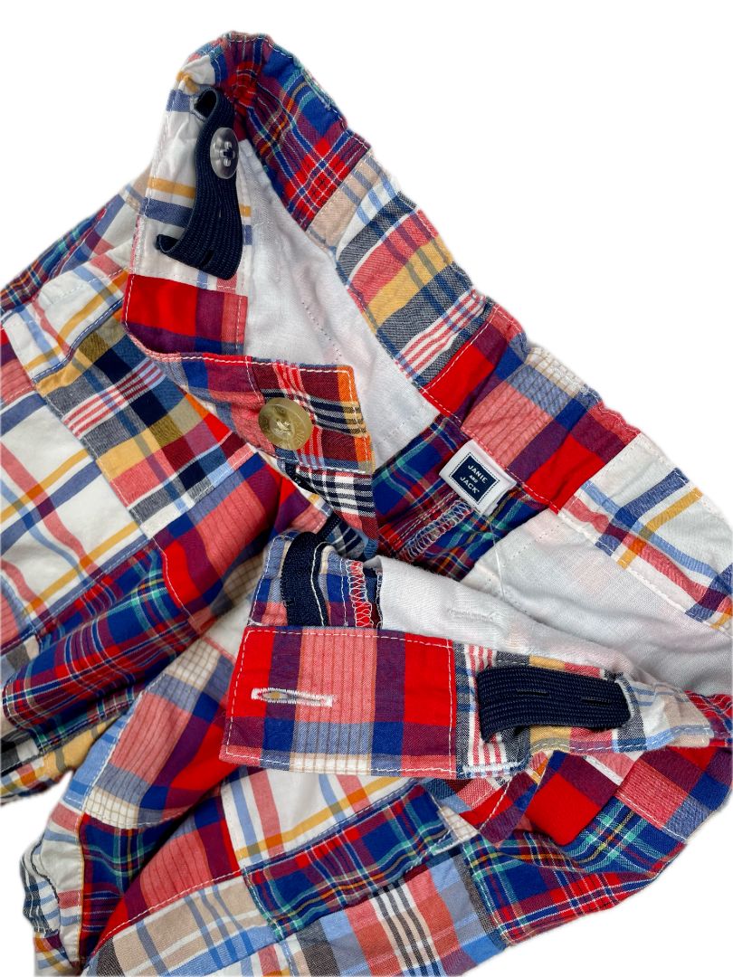 5/5T, Janie and Jack, Red, Patchwork madras shorts, adjustable, navy/yellow/white