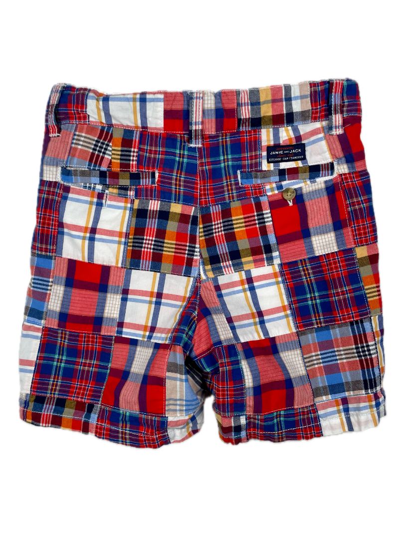 5/5T, Janie and Jack, Red, Patchwork madras shorts, adjustable, navy/yellow/white
