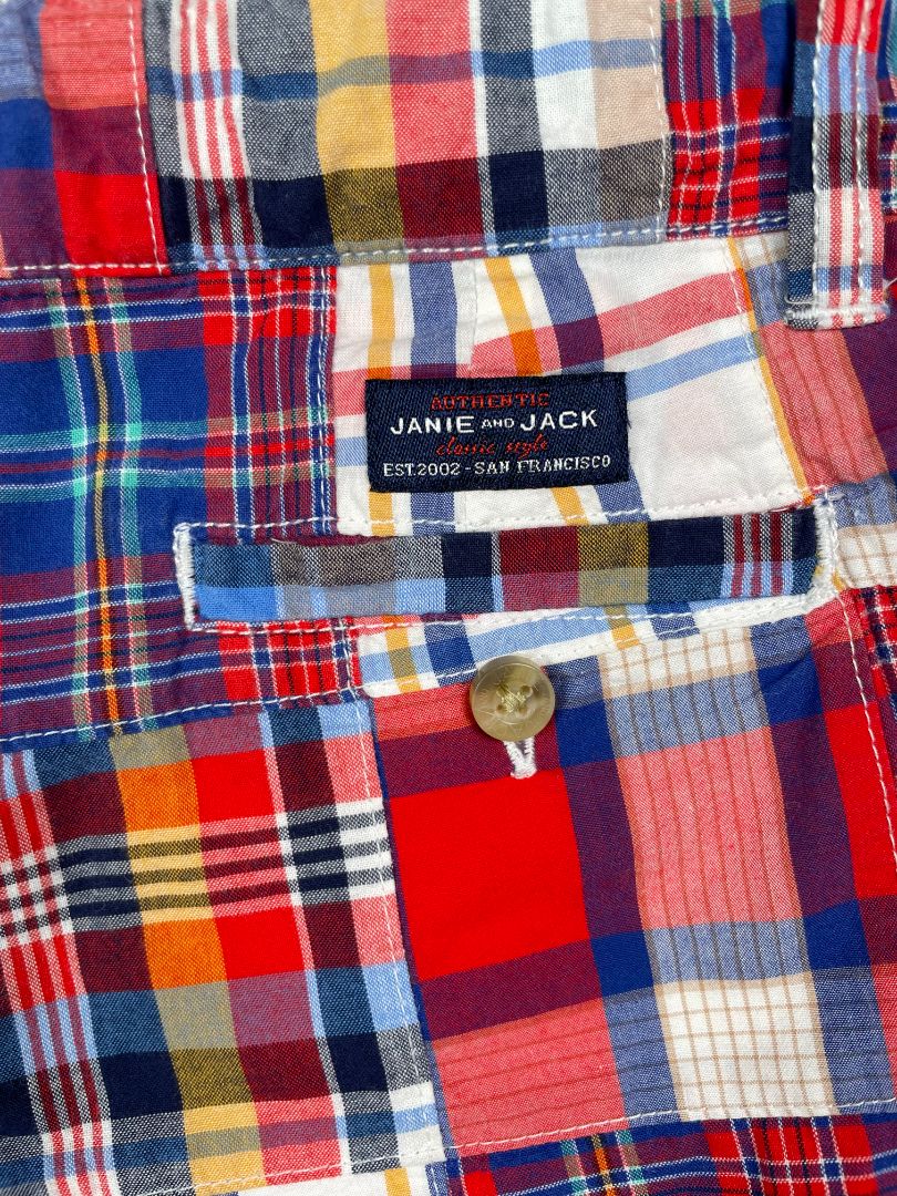5/5T, Janie and Jack, Red, Patchwork madras shorts, adjustable, navy/yellow/white