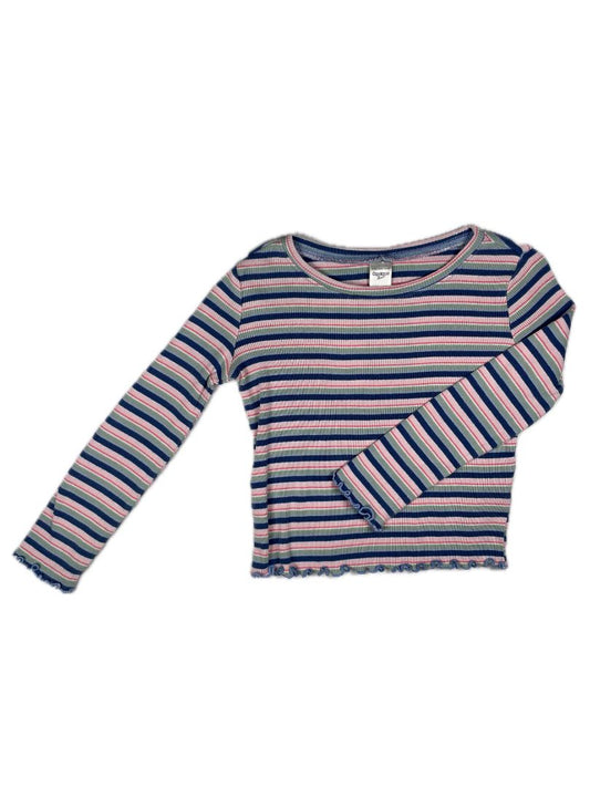 5/5T, OshKosh B'Gosh, Blue, Striped ribbed long-sleeve shirt, ruffle hems, pink/green/white