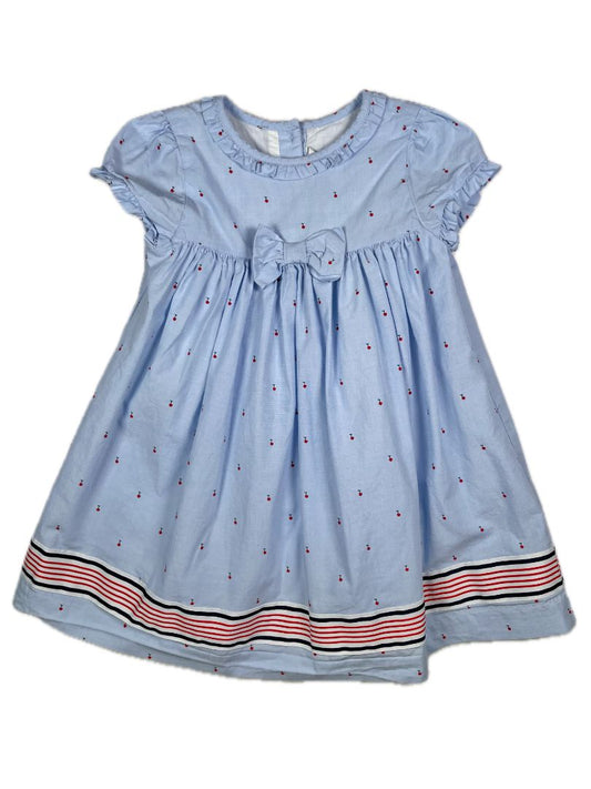 18-24 mo, Janie and Jack, Blue, Short-sleeve cherry dress w/ striped hem, bow + bloomers SET