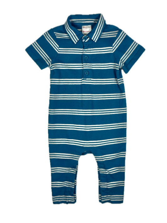 6-12 mo, Hanna Andersson, Blue, Short-sleeve collared romper, white-striped