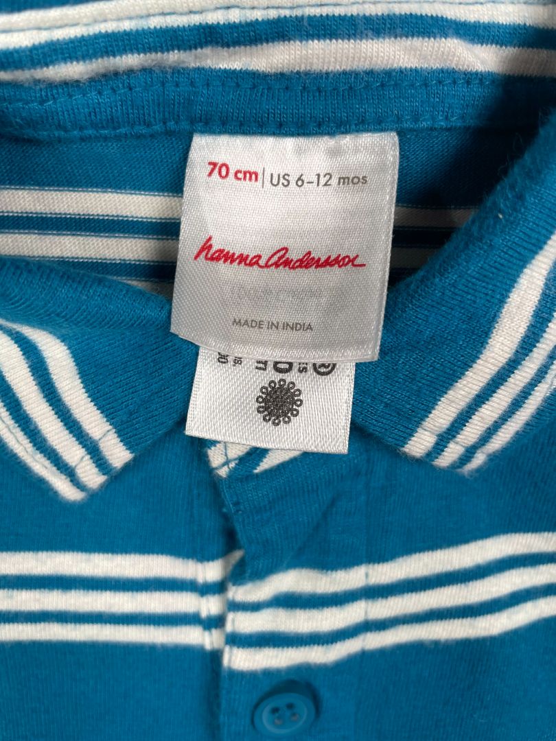 6-12 mo, Hanna Andersson, Blue, Short-sleeve collared romper, white-striped