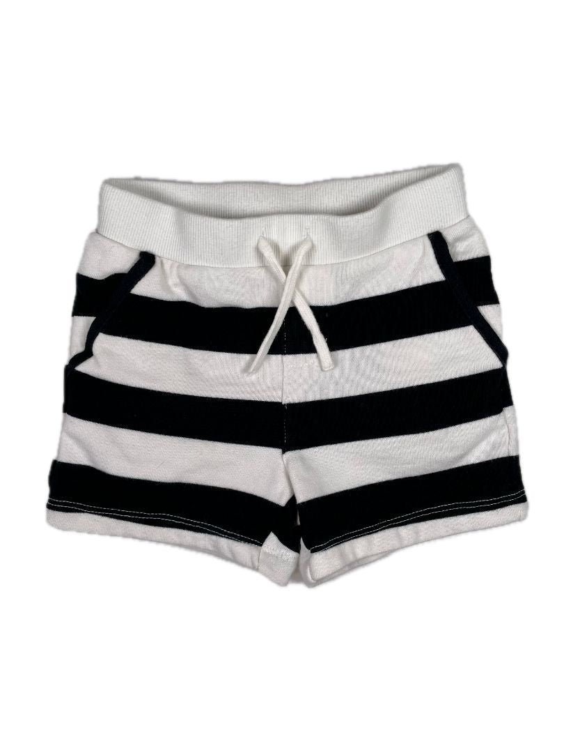 18-24 mo, Janie and Jack, White, Black striped French terry pull-on shorts, decorative tie