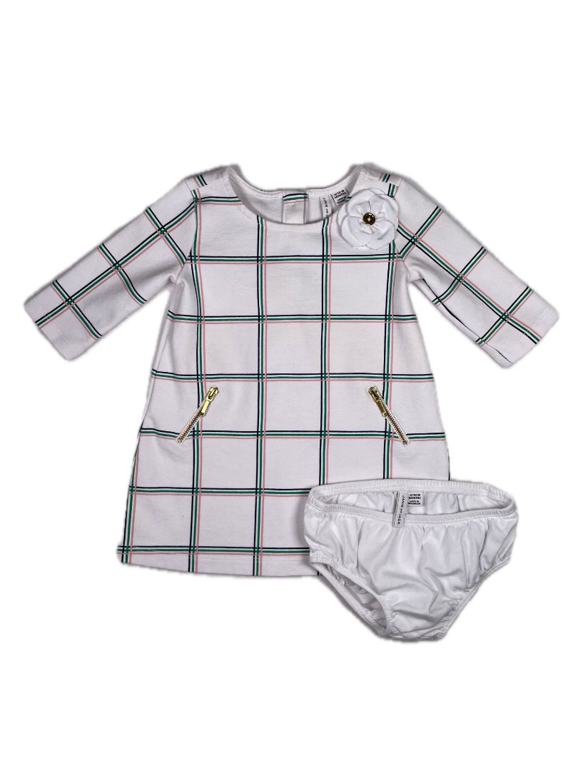 12-18 mo, Janie and Jack, White, Long-sleeve windowpane plaid dress w/ zippers, appliqué flower + bloomers SET
